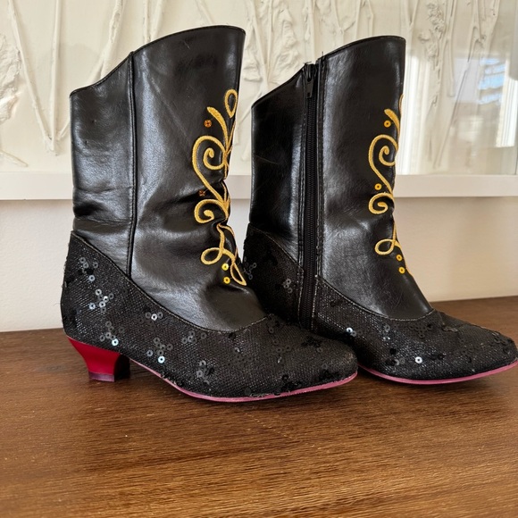 Disney Frozen Princess Anna Black Gold Costume Dress Up Boots Side Zip Girls2/3 - Picture 2 of 9
